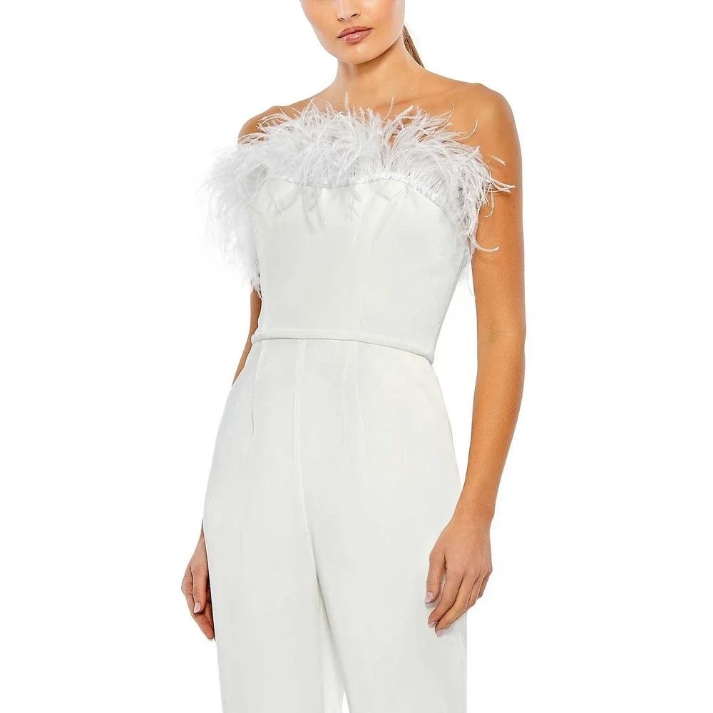Mac Duggal Feather Trim Strapless Jumpsuit Black Size 4 NWT